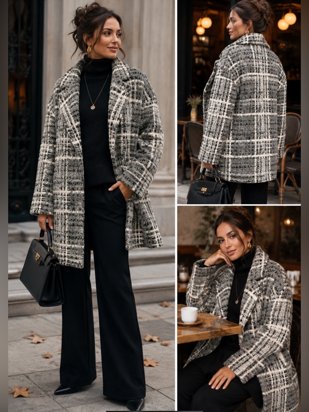 CHRISTIAN SIRIANO Grey Black & White Wool Blend Plaid Tweed Notch Lapel‎ Coat SM